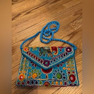 Rajasthani Jaipur Art Style Blue Elephant Tapestry Crossbody Bag Clutch
